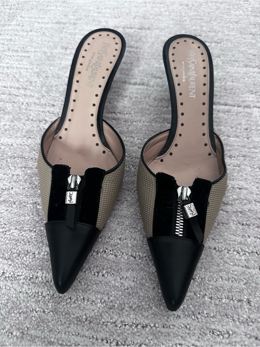 Saint Laurent Black and Beige Pointed Zipper Mule Slides